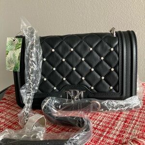 Badgley Mischka Black Quilted Crossbody Bag with Pearl Details